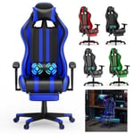 XMTECH Chaise Gaming Massage Fauteuil gamer de bureau ergonomique inclianble avec Coussin têtière et Repose-pieds, Bleu