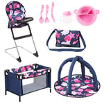Bayer Design 61769AB Ensemble 9 en 1 pour des poupées avec une chaise haute, un sac, une assiette avec couverts et gobelet, un tapis d'éveil, un lit de voyage, accessoires poupon, bleu rose étoiles