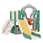 Merax Kids Slide Swing Set Climbing Frame | 5 in 1 Multifunctional Toddler Slide with Climb Ladder Storage Swing Basketball Hoop | Green