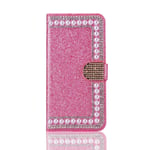 Samsung Galaxy A20e Phone Case, 3D Glitter Gems Peals Sparkle Bling Cover Shock-Absorption Flip PU Leather Protective TPU Bumper with Magnetic Stand Card Holder Slots for Girls Women Pink
