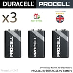 3 Duracell 9V PP3 Industrial PROCELL Batteries Smoke Alarm LR22 6LR61 MN1604