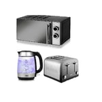 Tower Housewares 20L Black Mirrored Manual Microwave 1.7L 3kW Glass LED Kettle & 4 Slice toaster