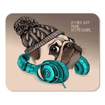 Beige Dog Portrait of Pug Puppy in Knitted Hipster Hat with Headphones on The Neck Home School Game Player Computer Worker MouseMat Mouse Padch