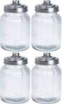 Set of 4 x 1 Litre Vintage Ribbed Storage Jars with Screw on Silver Coloured Lids - Ideal for organising Kitchen cupboards and Pantry Shelves