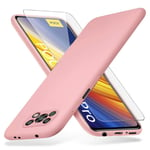 Richgle Compatible with Xiaomi Poco X3 Pro/Poco X3 NFC Case & Tempered Glass Screen Protector, Slim Soft TPU Silicone Case Cover Shell Compatible with POCO X3 Pro - Pink RG80596