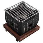 Hemoton Japanese BBQ Grill with Wooden Base Barbecue Stove Cast Iron Grill Table Top Charcoal Japanese Grill for Household Camping Outdoor Cooking
