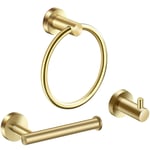 Semoic Bathroom Hardware Accessories Set 3-Piece Gold Brushed Bathroom Hardware Sets Modern Towel Ring Robe Hook Hanger Toilet Paper Holder Heavy Duty Stainless Steel Wall Mounted