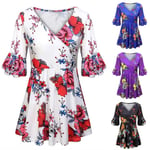 Womens Dress Short Sleeve Floral Printed Flare Purple S