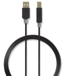 Nedis USB-kabel | USB 2.0 | USB-A Han | USB-B Han | 480 Mbps | Gull belagt | 2.00 m | Rund | PVC | Antrasitt | Boks