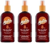 3X  Malibu Dry Oil Sprays SPF 8. Pack Contains 3 Bottles - 200ml Each