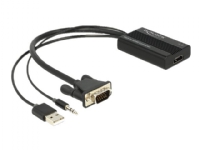 Delock VGA to HDMI Adapter with Audio - Adapter för video / ljud - 15 pin D-Sub (DB-15), minijack, USB (endast ström) hane till HDMI hona - 25 cm - svart