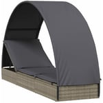 Helloshop26 - Transat chaise longue bain de soleil lit de jardin terrasse meuble d'extérieur avec toit rond 211 x 57 x 140 cm résine tressée gris