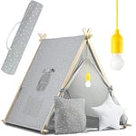 Ricokids Teepee Tent for Children Made of Cotton - Indoor and Outdoor Toy - Window Two Cushions - Insulated Mat - LED Lamp - Wigwam Indian Tent Poplar Wood 116 x 107 x 110 cm Grey