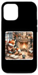 iPhone 14 Pro Fox Reads By Fireplace In Cabin. Rustic Book Cozy Cup Tea Case