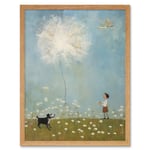 Chasing the Giant Dandelion Dream Artwork Giant Wish Oil Painting Kids Bedroom Child and Pet Dog in Daisy Field Art Print Framed Poster Wall Decor 12x