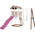 AXI Beach Tower Aire de Jeux avec Toboggan en violet, Balançoire & Bac à Sable Grande Maison enfant extérieur en marron & blanc Cabane de Jeu en Bois