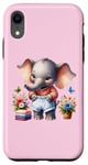 Coque pour iPhone XR Bébé éléphant rose en tenue, fleurs et papillons