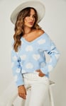 Relaxed Comfy White V Neck Heart Pattern Jumper Top In Baby Blue