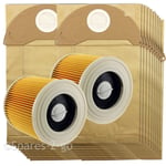 2 Cartridge Filters + 20 Dust Bags fits Karcher Wet & Dry WD2  Vacuum