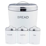 4 Pc Stainless Steel Bread Bin & Sugar Tea Coffee Jar Set Storage Box for Food Loaf Bread in White, Silver & Copper Colors by Crystals® (White)