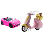 Barbie Convertible 2-Seater Vehicle, Pink Car with Rolling Wheels & Realistic Details, Gift for 3+ & Mo-Ped with Puppy, Motorbike for Doll, Pink Scooter, Vehicle, Ages 3 Years+, FRP56