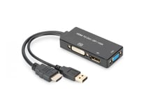 HDMI converter cable, HDMI - DP+DVI+VGA M-F/F/F, 0.2m, 3 in 1 Multi-Media, bl, gold