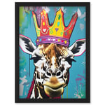 Giraffe With Queen Birthday Crown Modern Pop Art Artwork Framed Wall Art Print A4