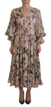 DOLCE & GABBANA Dress Pink LilyPrint Silk A-line Pleated Maxi IT40/US6/S 4130usd