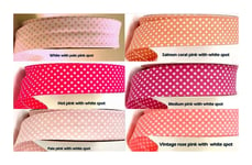 Cotton Spotty Polka Dot Double Fold Bias Binding Tape 30mm 1" Craft Trim Sewing Quilting 36 colourways in Ribbon Queen Wrapper UK Seller 5m White with Pale Pink