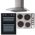SIA 60cm Double Electric Built-in Oven, 4 Zone Hob & Stainless Steel Curved Hood