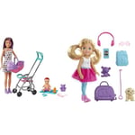 Barbie Skipper Babysitters Inc. Playset with Skipper Babysitter Doll (Brunette), Stroller, & Dreamhouse Adventures Doll, Blonde Chelsea Doll with Pink Skirt, Toy Puppy, Backpack