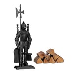 Relaxdays Modern Cast Fire Irons Knight, 4-Piece Fireplace Companion Set with Shovel, Broom, Poker and Rack, Powder-Coated, Black, 72 x 21 x 12.5 cm