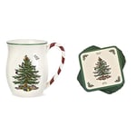 Portmeirion Home & Gifts Spode Christmas Tree Mugs with Peppermint Handles Set of 4 & Spode Coasters Boxed Set, Wood, Multi-Colour, Set of 6