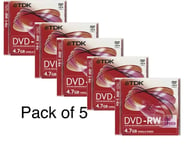 5 x TDK Blank DVD-RW discs 2x - 6x 4.7GB 120 mins Rewritable Slim Jewel Case