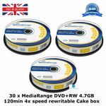 30 x MediaRange DVD+RW 120min 4x speed Blank Discs 4.7GB Rewritable New Cake Box