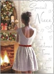 Christmas Card (JJ1169) Special Niece - Girl By The Fireplace - Foil and Flitter