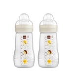 MAM Easy Active Lot de 2 bouteilles d'eau pour bébé (270 ml), avec tétine MAM Taille 1 en silicone SkinSoft, bouteille de lait de forme ergonomique, 0+ mois, abeille/hérisson