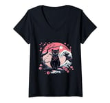 Womens Retro Black Cat Ninja Japanese Moon Wave Kanagawa Men Women V-Neck T-Shirt