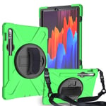 YGoal Case For Galaxy Tab S7 Plus, [Hand Strap] [Shoulder Strap] Heavy Duty Full-Body Rugged Protective Drop Proof Case with 360 Rotating Stand for Samsung Galaxy Tab S7 Plus T970 12.4 Inch, Green