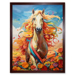 Girls Bedroom Nursery Artwork Fantasy Horse Colourful Mane Bright Bold Fun Happy Art Print Framed Poster Wall Decor 12x16 inch