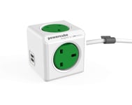 Allocacoc PowerCube Extended USB Port Power Socket UK - 1.5 Metre Extension Lead - Mounting Dock Included (Green)