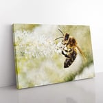 Big Box Art Bee Collecting Pollen Vol.1 Painting Canvas Wall Art Print Ready to Hang Picture, 76 x 50 cm (30 x 20 Inch), Grey, Gold, Green