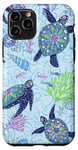 Coque pour iPhone 11 Pro Tortue de mer mignonne florale bleue corail et coquillages