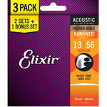 Elixir® Strings 16546 Jeu de 3 cordes pour guitare acoustique en bronze phosphoreux avec revêtement Nanoweb®, Medium (.013-.056)
