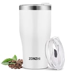 ZONZHI Travel Mug-500ML Stainless Steel Coffee Cup-Leakproof-Reusable Thermos Mug,Vacuum Insulated Flask with BPA Free Lid,Straws & Free Cleaning Brush-for Hot&Cold Coffee,Tea & etc,White