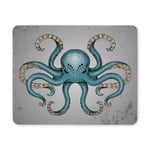 Blue Octopus with Grunge Background in Dotwork Tattoo Style Rectangle Non Slip Rubber Mousepad, Gaming Mouse Pad Mouse Mat for Office Home Woman Man Employee Boss Work