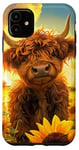 iPhone 11 Scottish Highland Cow, Spring Sunflower Western Country Farm Case