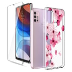 LYZXMY Case for Motorola Moto G10 + Tempered Film Glass Screen Protector - Transparent Silicone Soft TPU Cover Shell for Motorola Moto G10 (6.5") - Pink flower