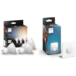 Philips Hue White Ambiance Smart Spotlight 3 Pack LED [GU10 Spotlight] - 350 Lumens (50W Equivalent) & Smart Button Smart Lighting Accessory. Wireless Control of Home Lights, Livingroom