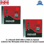 2 x Maxell DVD-RW 4.7GB 2x Speed 120min Re-Writable DVD New Discs in Jewel Cased